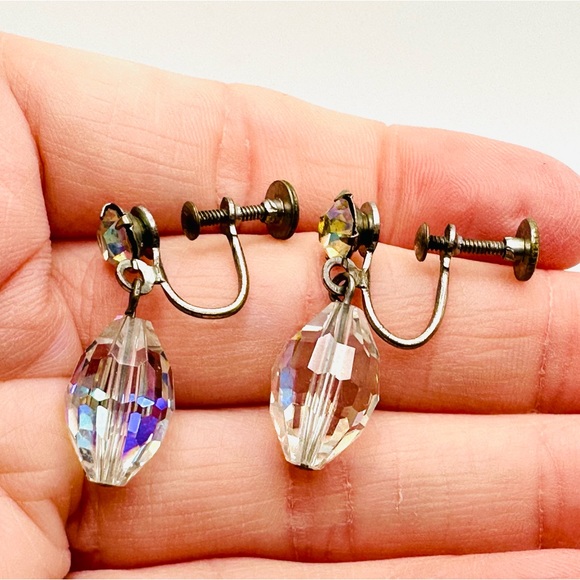 Vintage Mid Century AB Earrings Screw Back Drop Dangle Bling Sparkly Wedding - Picture 3 of 7